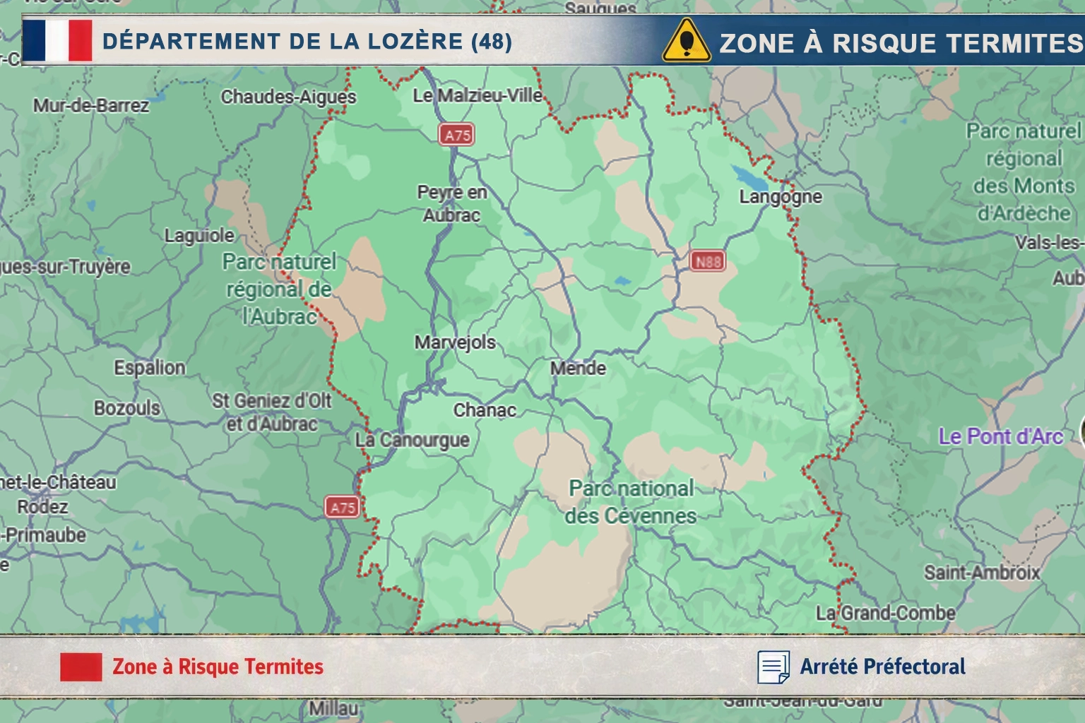 Illustration du statut non classé de la Lozère vis-à-vis du risque termites