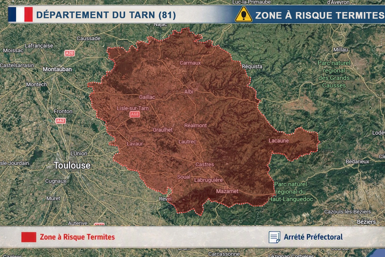 Carte du Tarn classé zone à risque termites par arrêté préfectoral