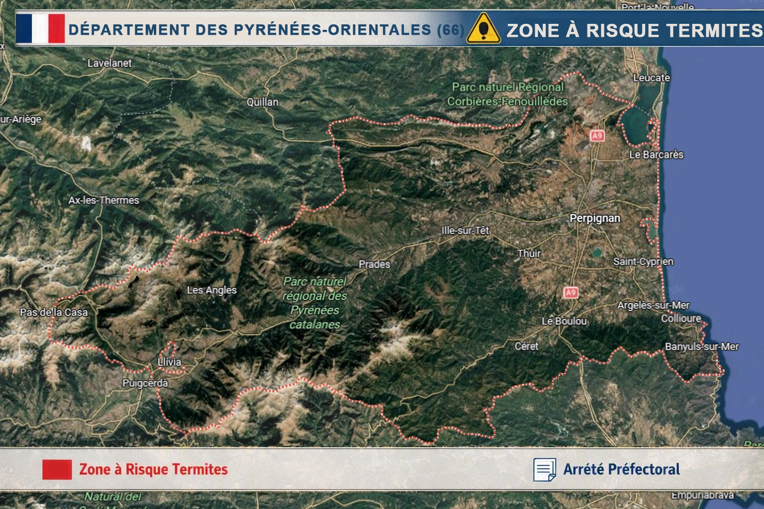 Carte des communes des Pyrénées-Orientales classées à risque termites