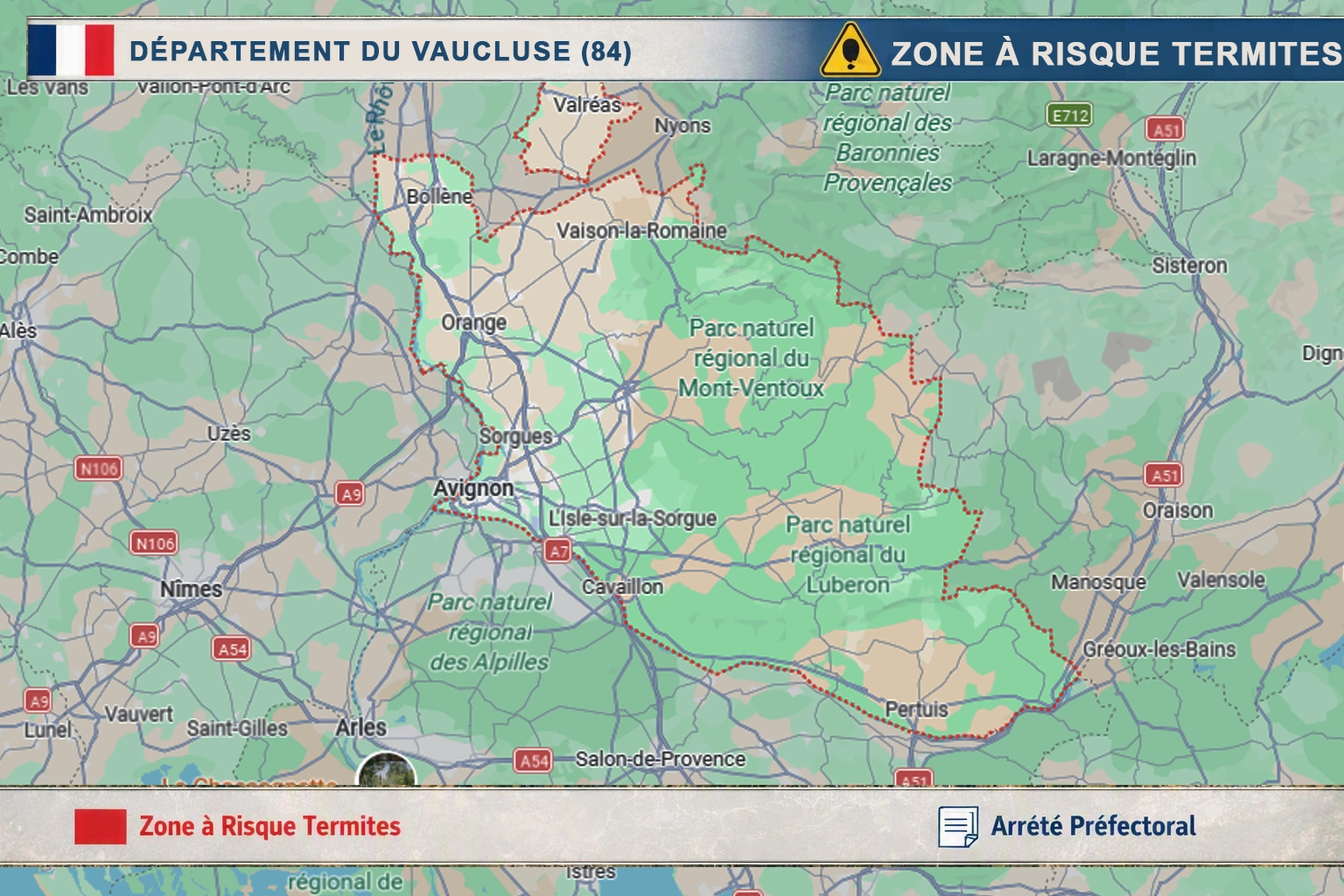 Carte des communes du Vaucluse classées à risque termites