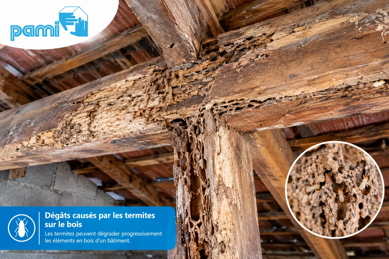 Dégâts de termites sur une poutre et une charpente en bois