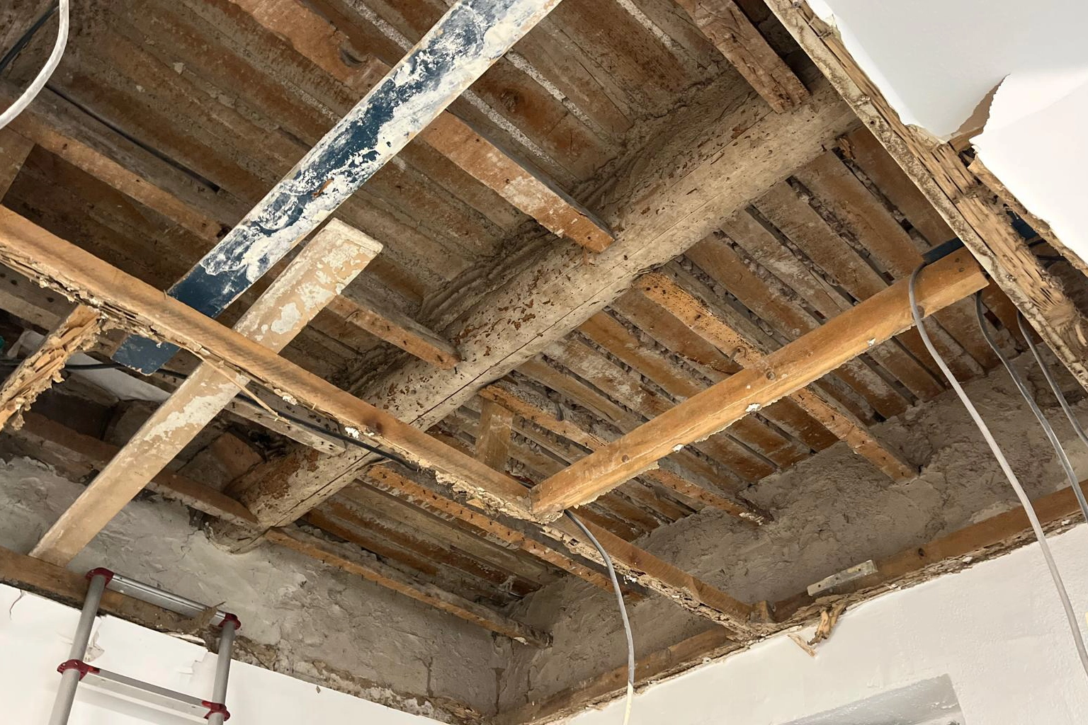 Plancher en bois fragilisé par une attaque de termites