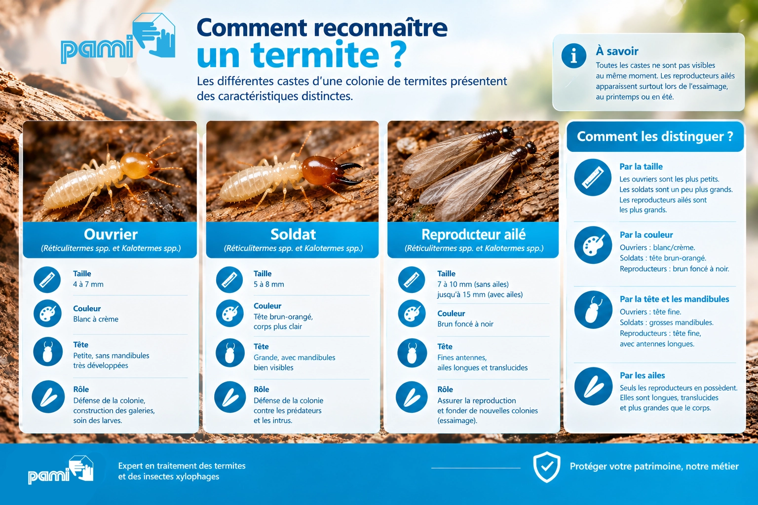 Ouvrier soldat et reproducteur ailé chez les termites