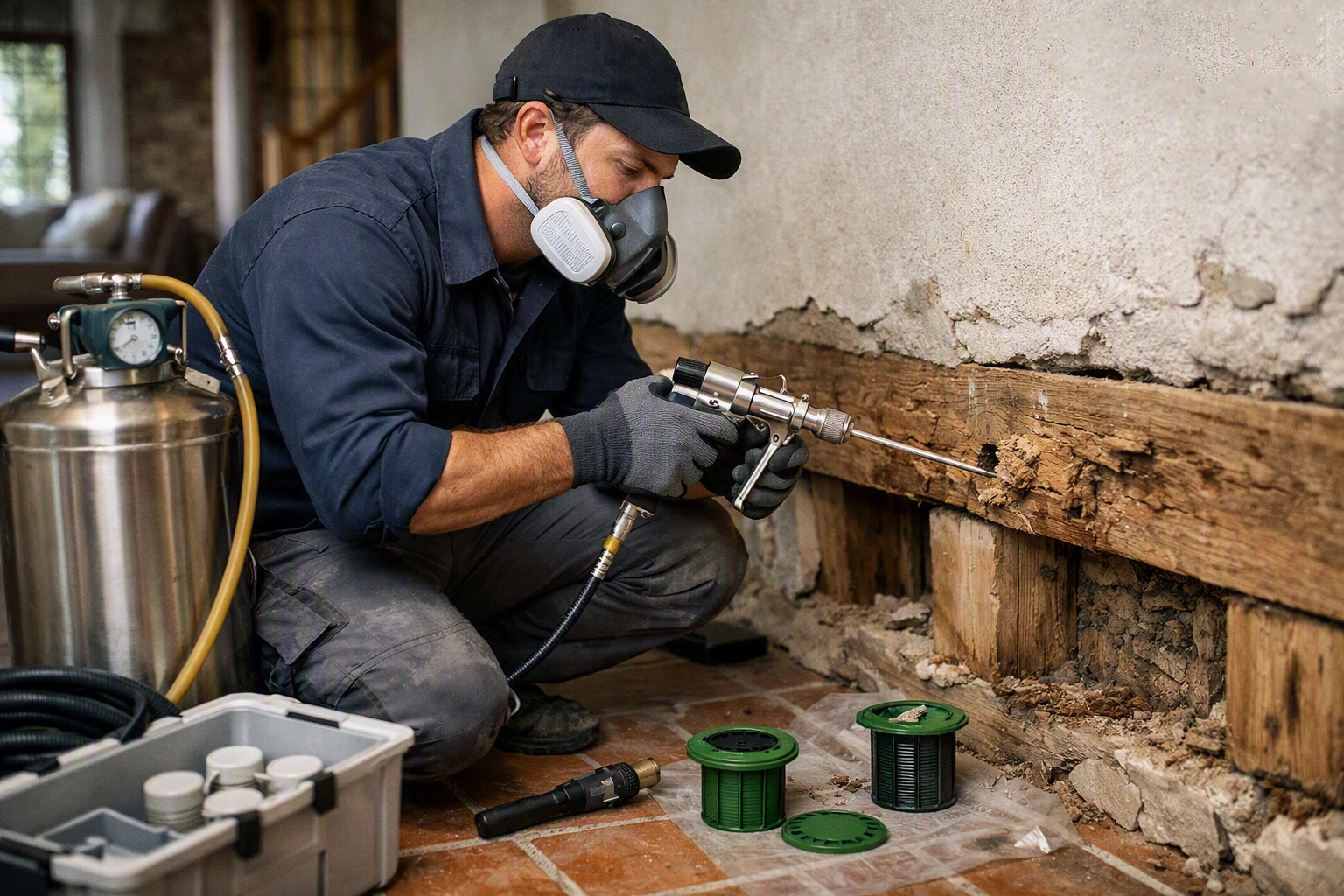 Technicien PAMI 81 réalisant un traitement anti-termites dans le Tarn