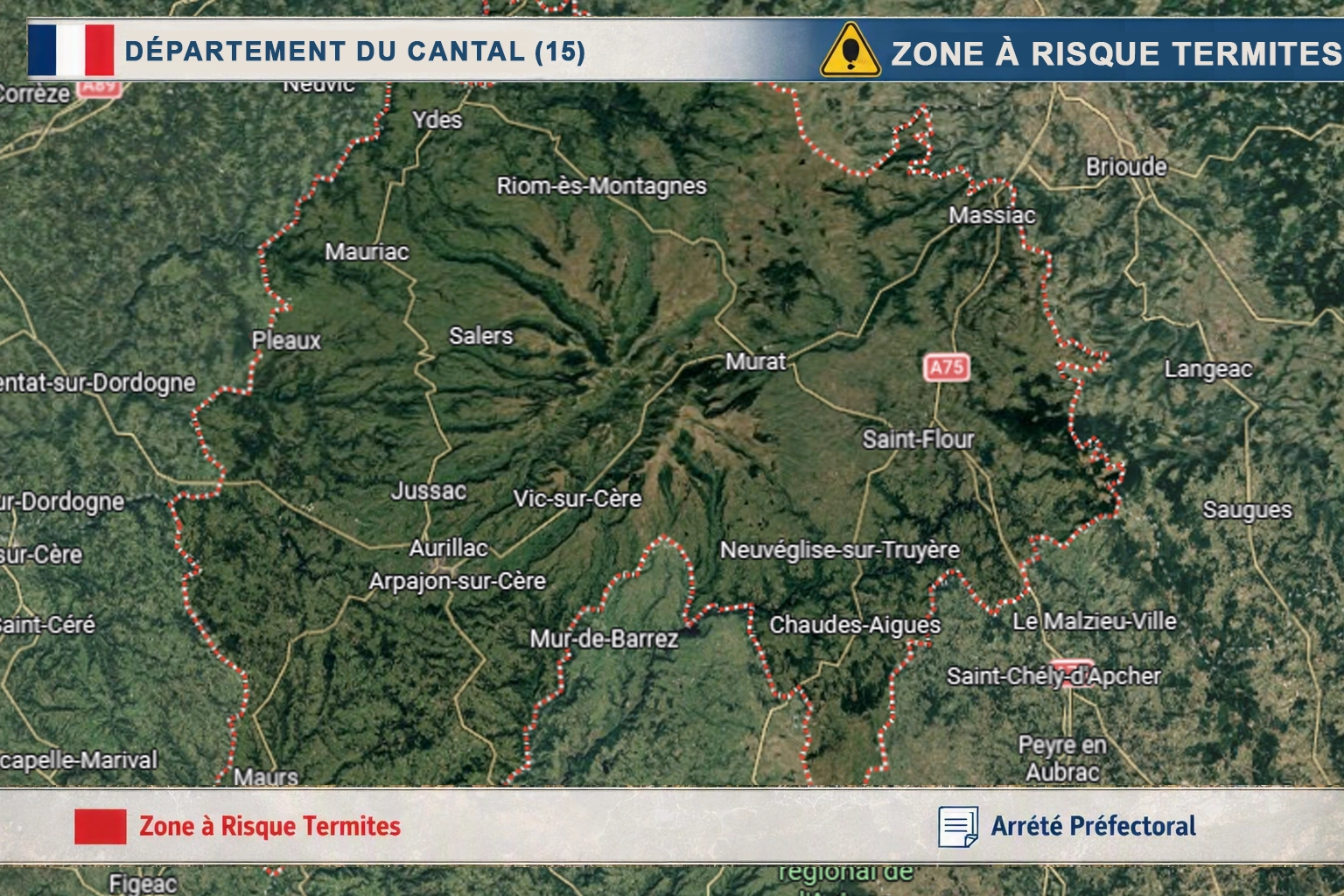 Carte de la zone de la Châtaigneraie classée à risque termites dans le Cantal