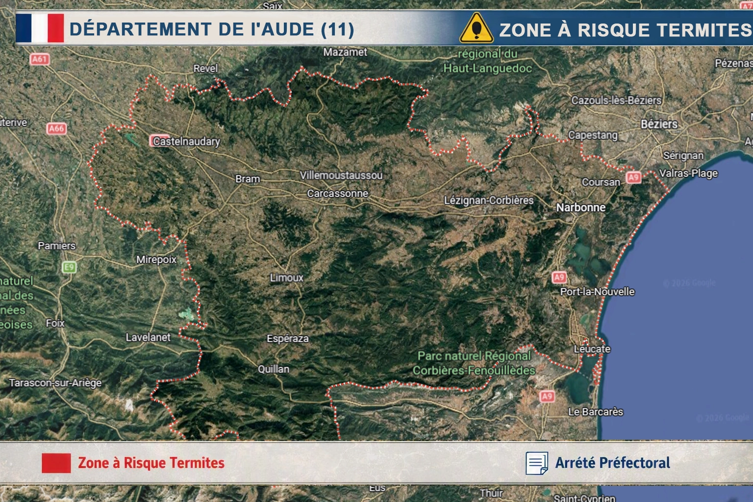 Carte de l'Aude classée zone à risque termites