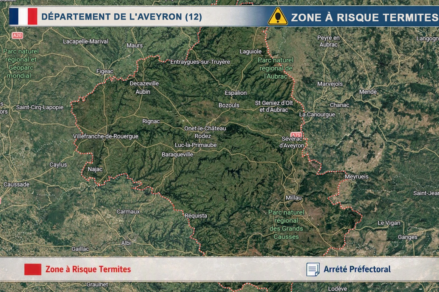 Carte de l'Aveyron classée zone à risque termites