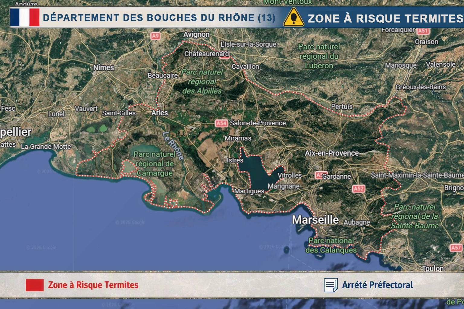 Carte des Bouches-du-Rhône classées zone à risque termites