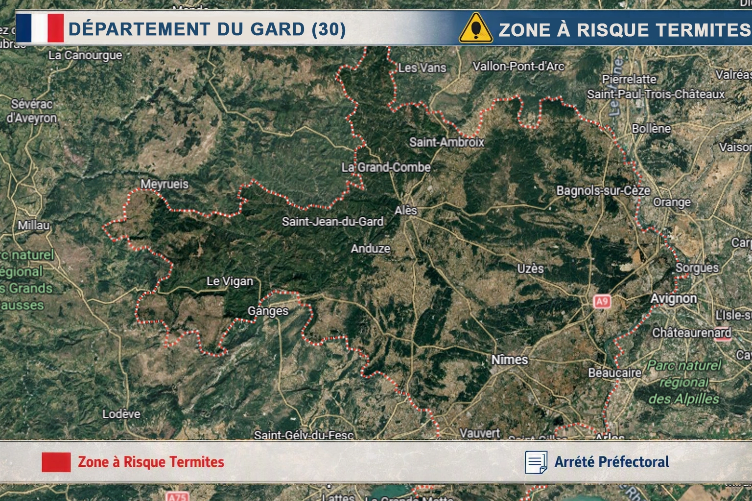 Carte du Gard classé zone à risque termites