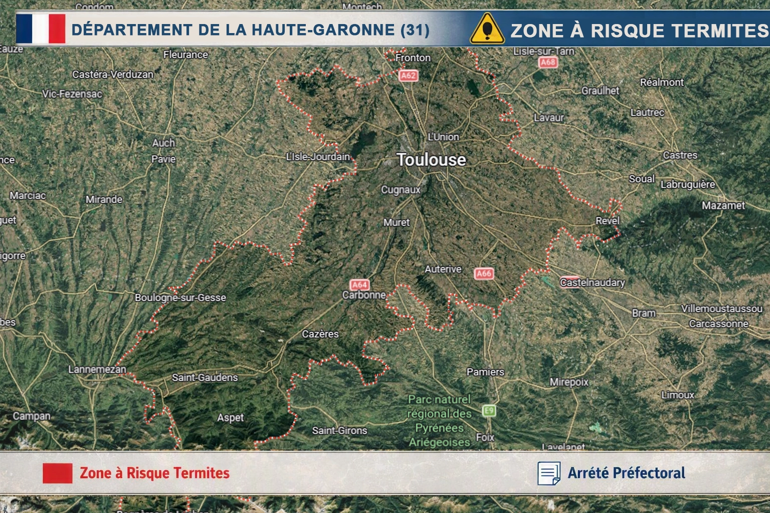 Carte de la Haute-Garonne classée zone à risque termites