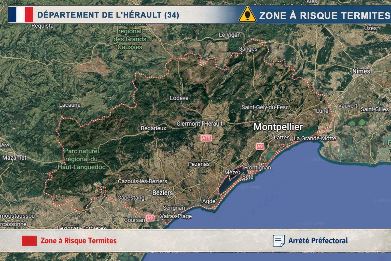 Carte de l'Hérault classée zone à risque termites
