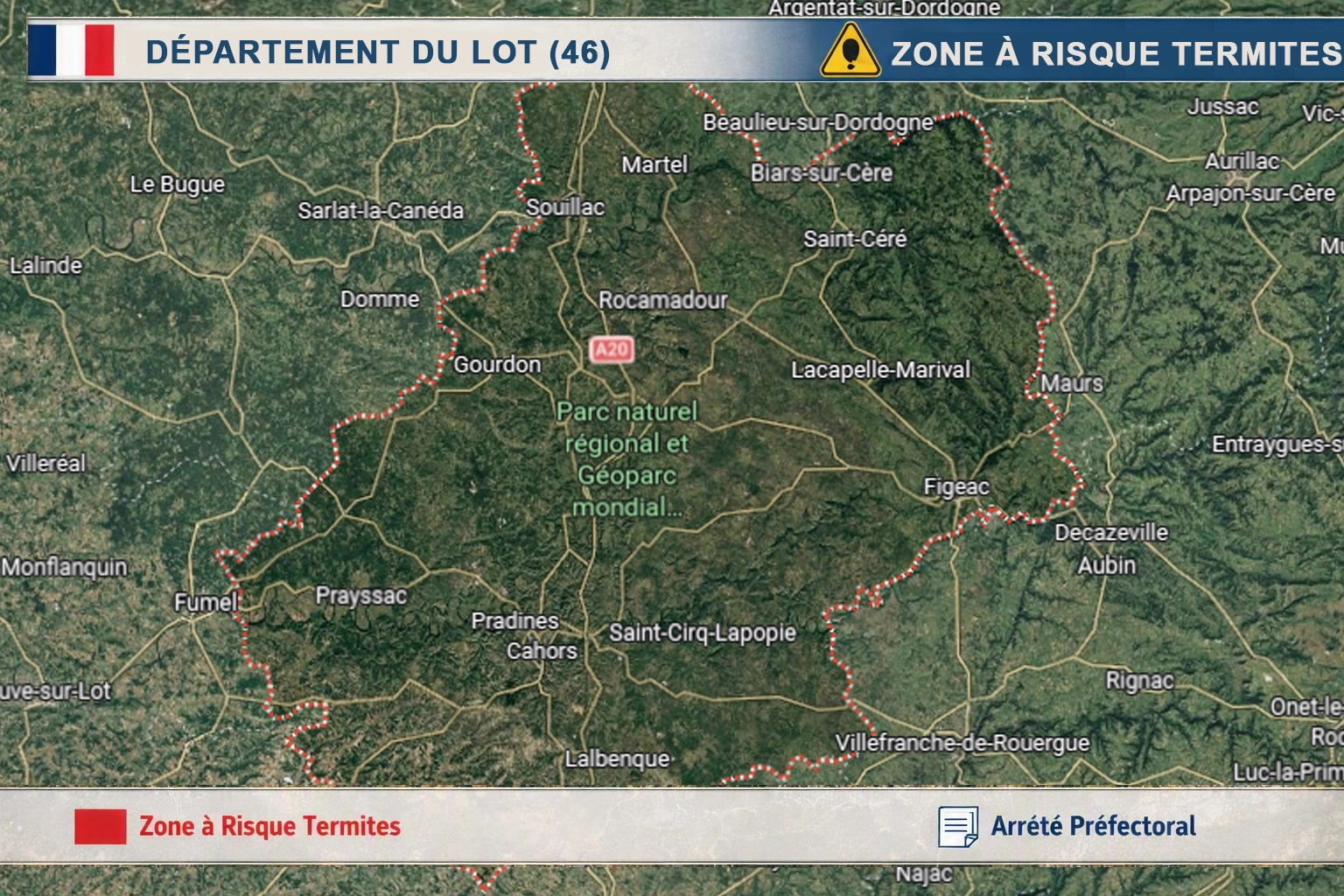 Carte du Lot classé zone à risque termites