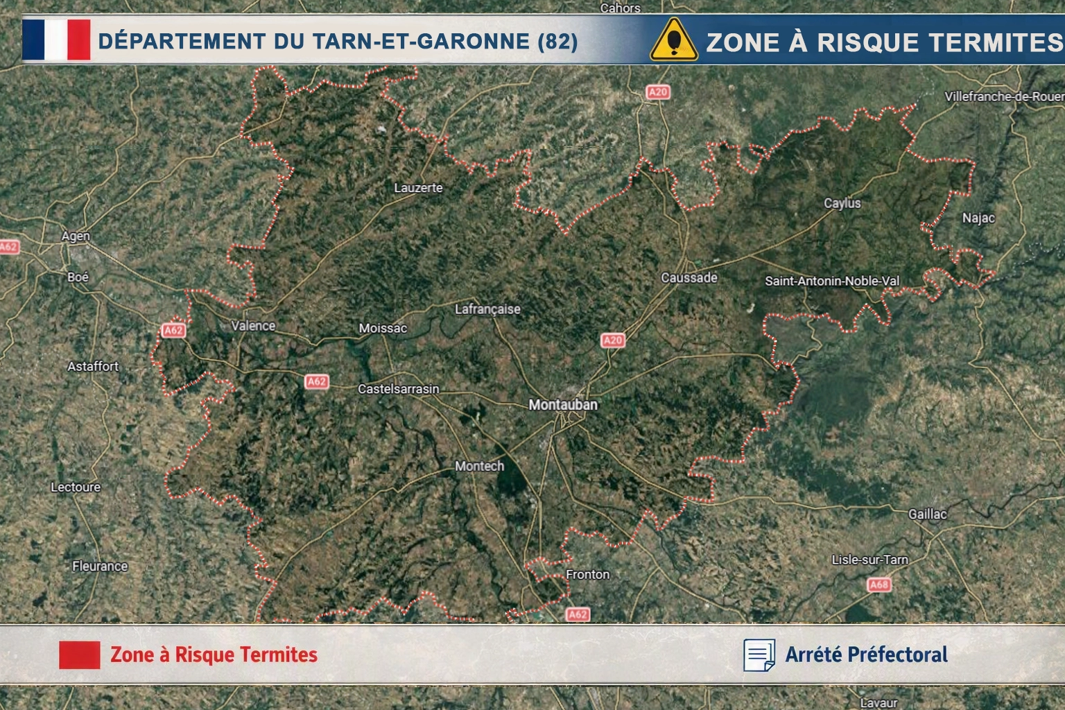 Carte du Tarn-et-Garonne classé zone à risque termites