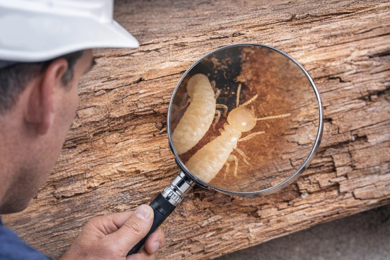 Inspecteur PAMI vérifiant la présence de termites sur une structure en bois