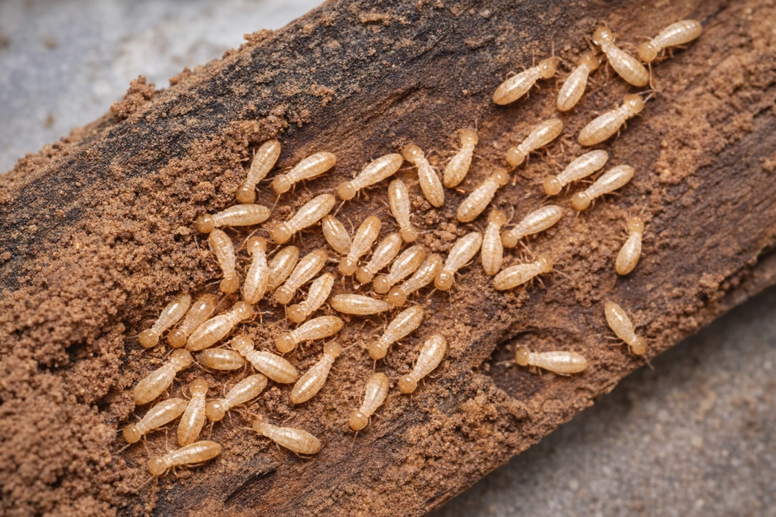 Termites dans une charpente en bois endommagée, colonie visible