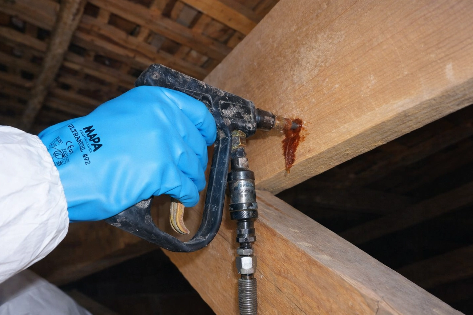 Application de produit préventif sur du bois pour protéger contre les termites