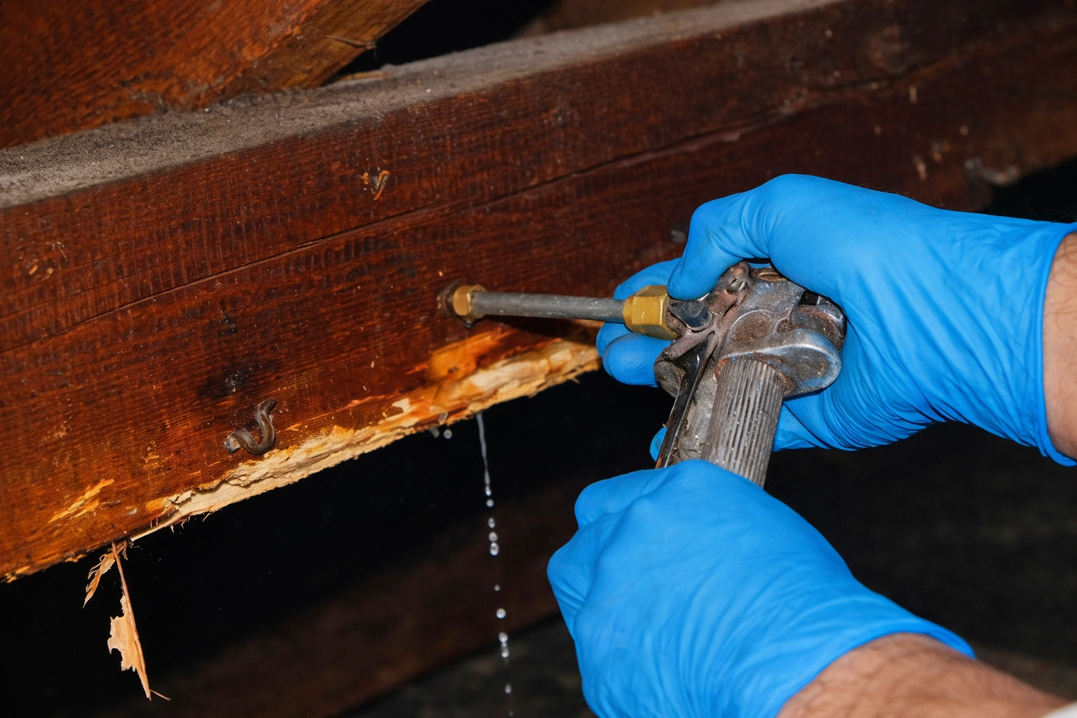 Application professionnelle d’un traitement curatif par injection dans le bois ou les sols pour éliminer les termites et protéger la structure